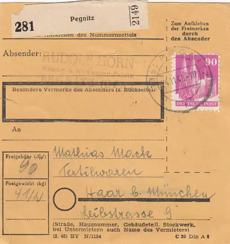 Carte de paquet BiZone 1948: Pegnitz selon les produits textiles à Haar près de Munich
