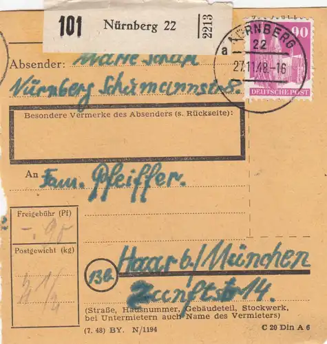 Carte de paquet BiZone 1948: Nuremberg après Haar b. Munich