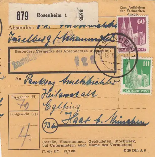 BiZone Paketkarte 1948: Rosenheim nach Eglfing Haar, Heilanstalt