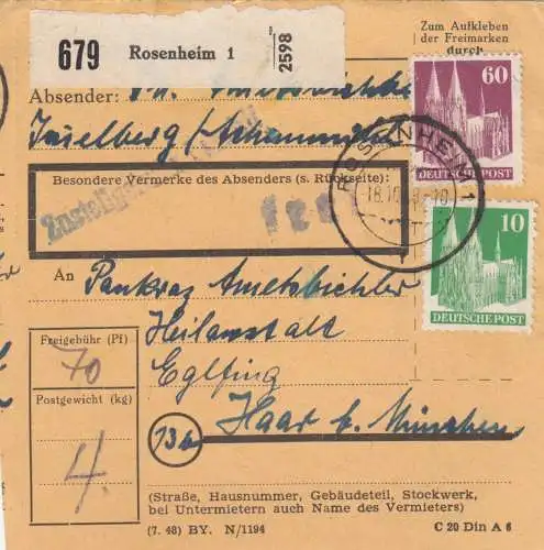 BiZone Paketkarte 1948: Rosenheim nach Eglfing Haar, Heilanstalt