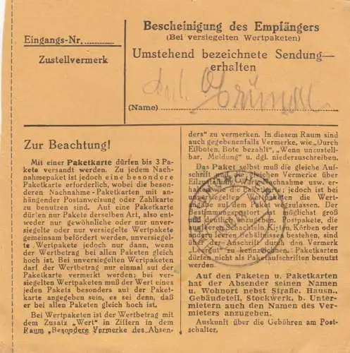 BiZone Paketkarte 1948: Rosenheim nach Eglfing Haar, Heilanstalt