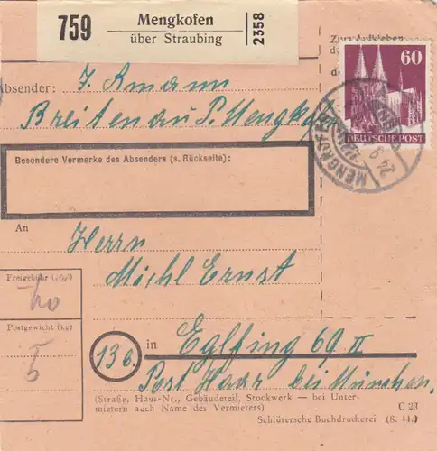 BiZone Paketkarte 1948: Mengkofen nach Eglfing