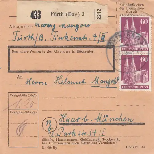 Carte de paquet BiZone 1948: Fürth après Haar b. Munich