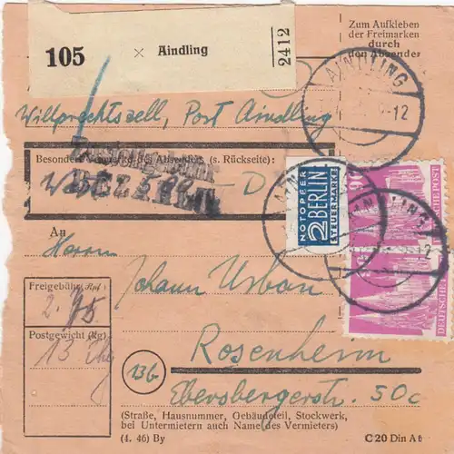 BiZone Paketkarte 1948: Aindling nach Rosenheim