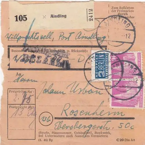 BiZone Paketkarte 1948: Aindling nach Rosenheim