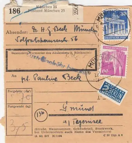 Carte de paquet BiZone 1948: Munich vers Gmund, Tegernsee