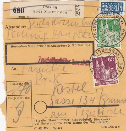 Carte de paquet BiZone 1948: Pöking vers Gmund am Tegernsee