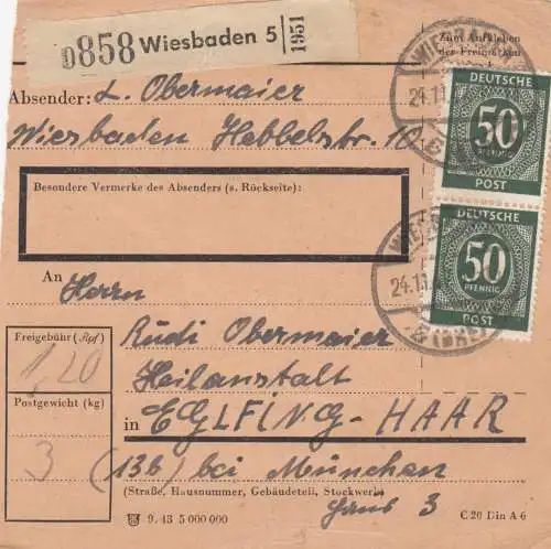 Paketkarte 1947: Wiesbaden nach Eglfing-Haar, Heilanstalt