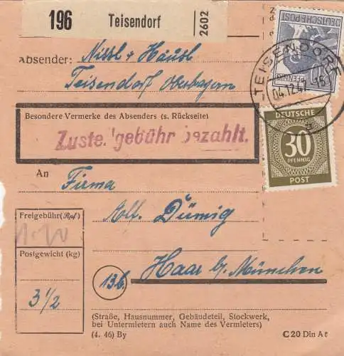 Paketkarte 1947: Teisendorf nach Haar b. München