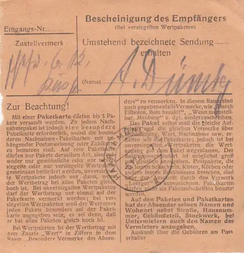 Carte de paquet 1947: Teisendorf vers Haar b. Munich