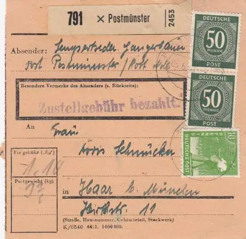 Carte de paquet 1948: Postmünster après Haar, Munich