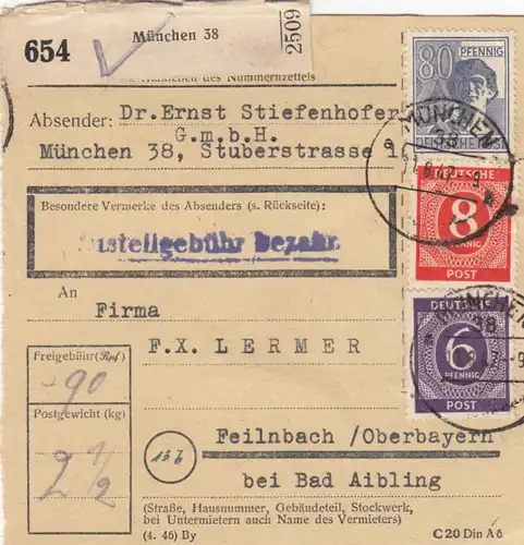 Paketkarte 1947: München nach Feilnbach bei Bad Aibling