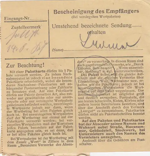 Carte de paquet 1947: Munich vers Feilnbach bei Bad Aibling