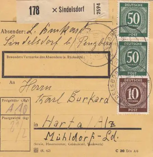 Paketkarte 1948: Sindelsdorf nach Hart, Mühldorf