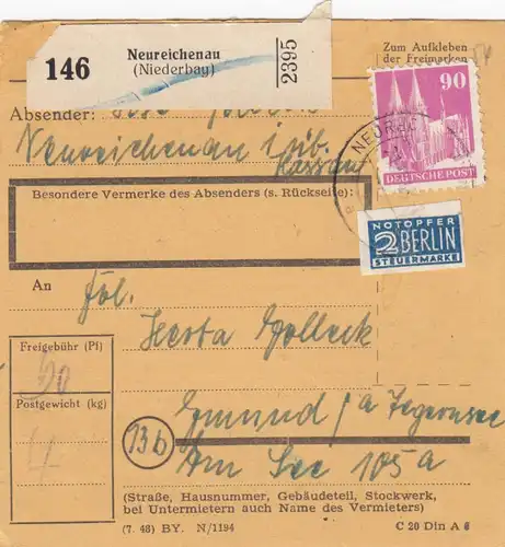 BiZone Paketkarte 1948: Neureichenau nach Gmund, Tegernsee