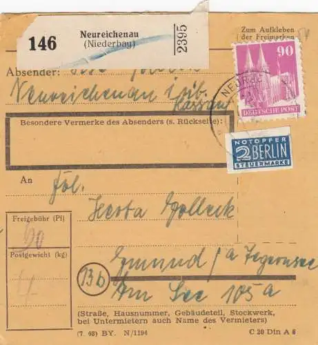 BiZone Paketkarte 1948: Neureichenau nach Gmund, Tegernsee