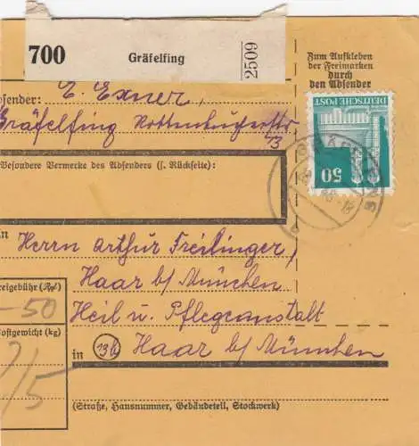 BiZone Paketkarte 1948: Gräfeling nach Heil- und Pflegeanstalt Haar