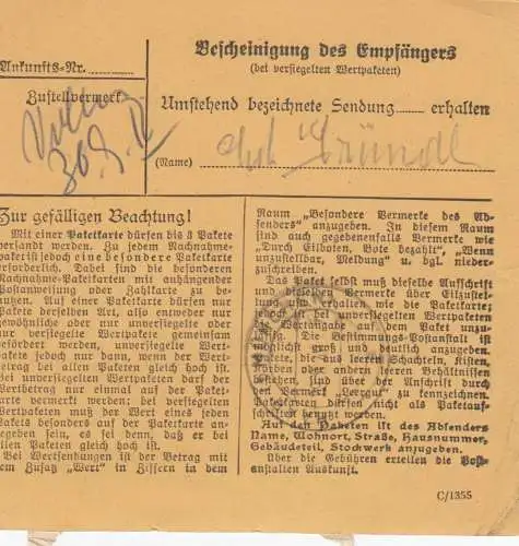 BiZone Paketkarte 1948: Gräfeling nach Heil- und Pflegeanstalt Haar