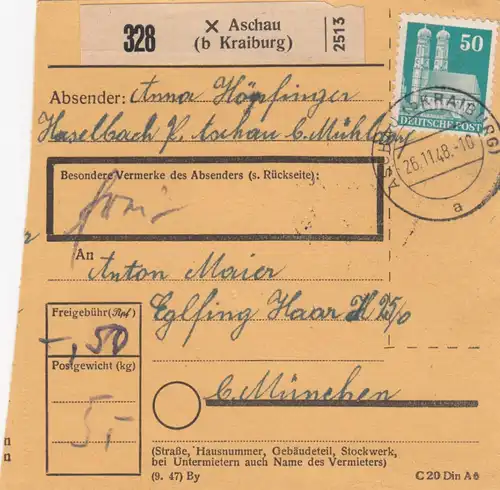 BiZone Paketkarte 1948: Aschau nach Eglfing, München