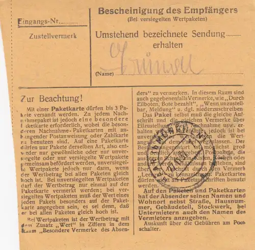 Carte de paquet BiZone 1948: Aschau für Eglfing, Munich