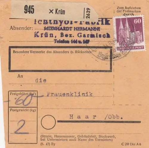 Carte de paquet BiZone 1948: Krün selon les cheveux, clinique pour femmes