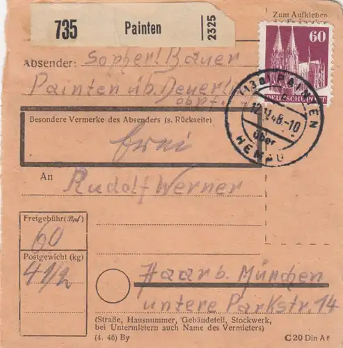 Carte de paquet BiZone 1948: Painten après Haar près de Munich