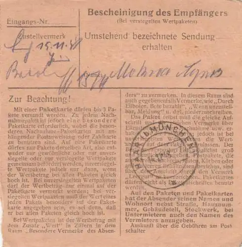Carte de paquet BiZone 1948: Painten après Haar près de Munich