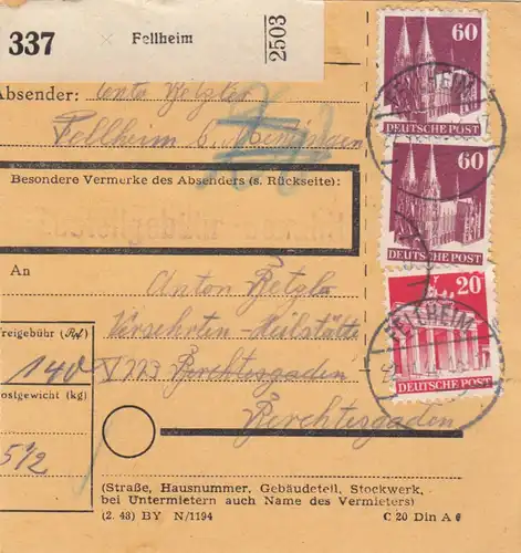 Carte de paquet BiZone 1948: Fellheim vers Berchtesgarden, Station de secours pour les blessés