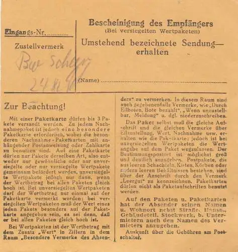 BiZone Paketkarte 1948: Fellheim nach Berchtesgarden, Versehrten-Heilstätte