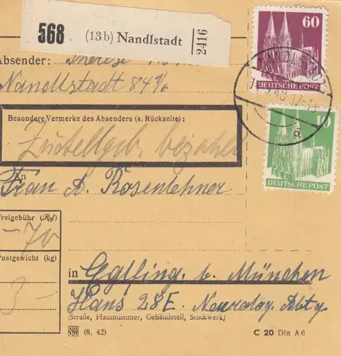 BiZone Paketkarte 1948: Nandlstadt nach Eglfing b. München
