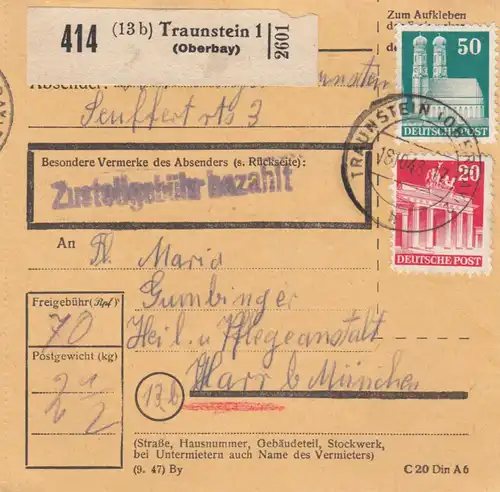 BiZone Carte de paquet 1948: Traunstein après Heil et soins de santé Haar b. Munich