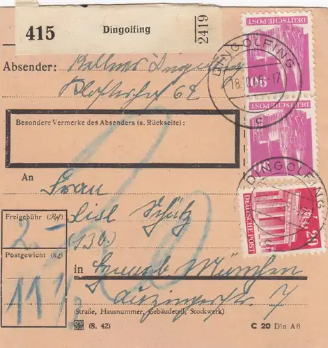 Carte de paquet BiZone 1948: Dingolfing vers Gmund, frais supplémentaires