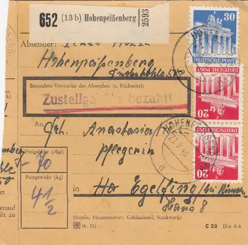 Carte de paquet BiZone 1948: Hohenpeissenberg vers Eglfing, infirmière