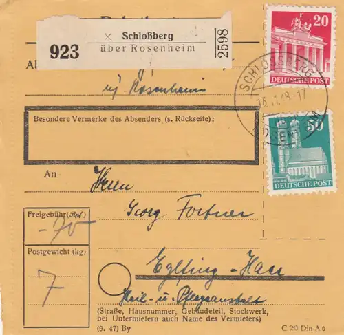 BiZone Paketkarte1948: Schloßberg nach Eglfing, Heil- u. Pflegeanstalt