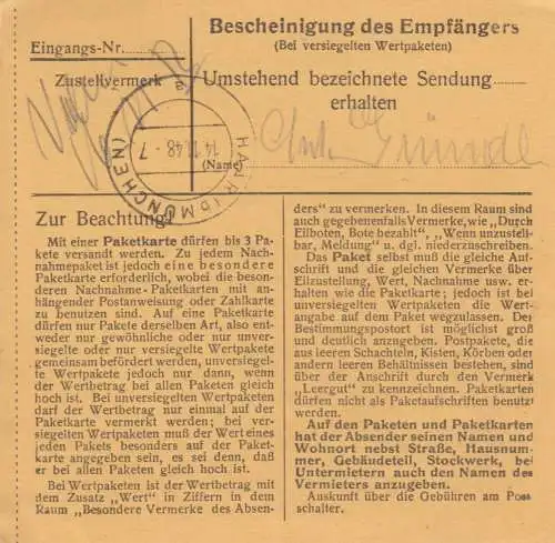 Carte de paquet BiZone 1948: Schlossberg vers Eglfing, Heil- und. Häferanstalt