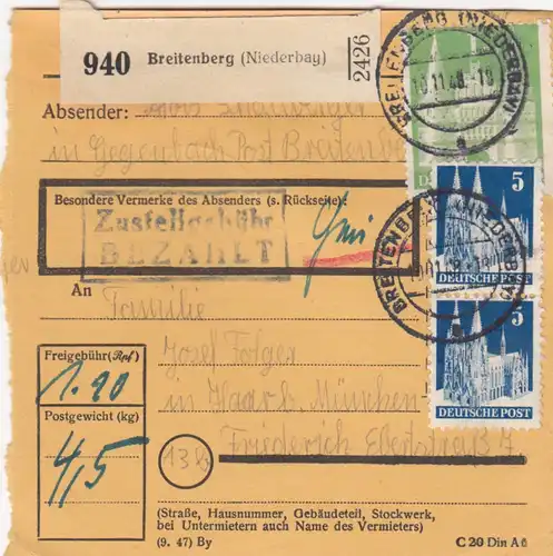 Carte de paquet BiZone 1948: Breitenberg après Haar b. Munich