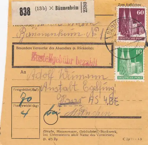 BiZone Carte de paquet: 1948 Baumenheim selon les cheveux, le timbre d'arrivée 1937 !!!