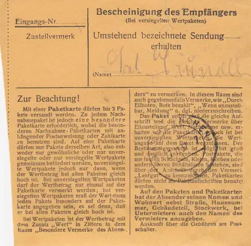 BiZone Paketkarte: 1948 Bäumenheim nach Haar, Ankunftstempel 1937 !!!