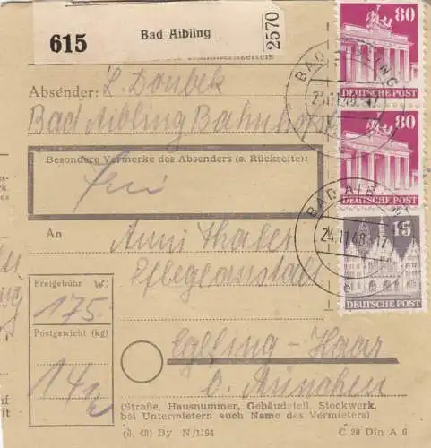 BiZone Carte de paquet 1948: Bad Aibling vers Eglfing-Haar b. Munich, centre de soins
