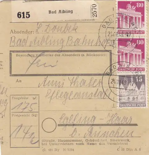BiZone Paketkarte 1948: Bad Aibling nach Eglfing-Haar b. München, Pflegeanstalt