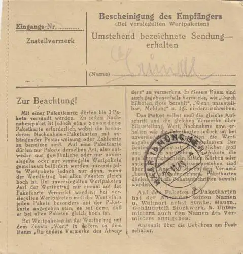 BiZone Carte de paquet 1948: Bad Aibling vers Eglfing-Haar b. Munich, centre de soins