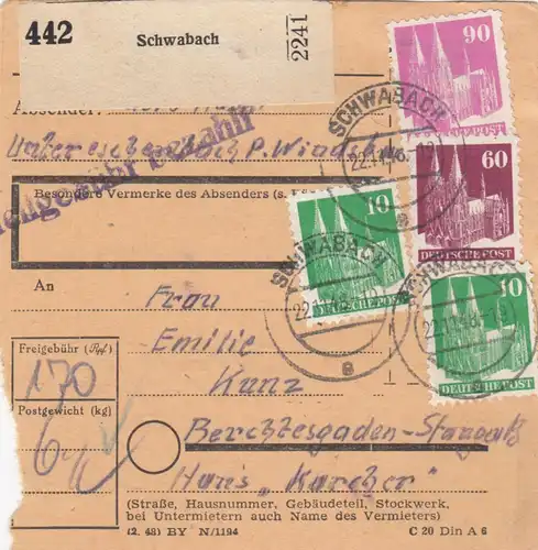 Carte de paquet BiZone 1948: Schwabach vers Berchtesgaden