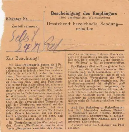 BiZone Paketkarte 1948: Schwabach nach Berchtesgaden