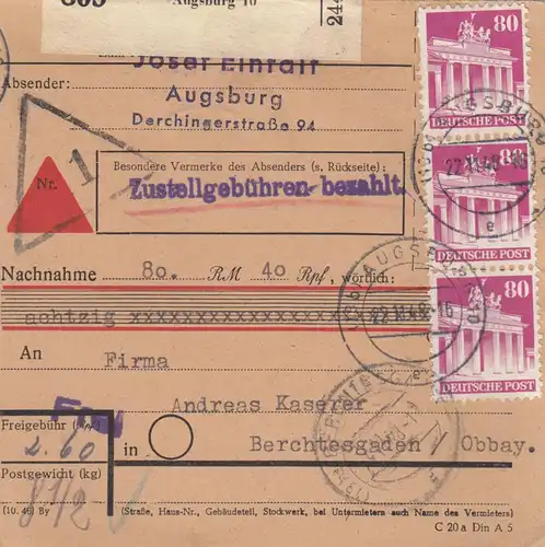 Carte de paquet BiZone 1948: Augsbourg vers Berchtesgaden, remise 80,40 RM