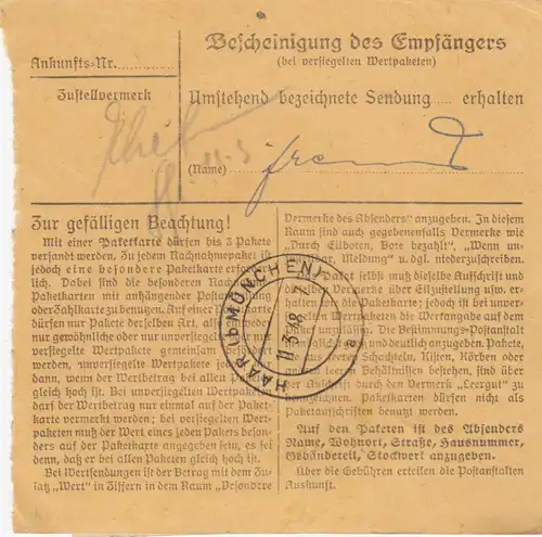 Carte de paquet 1948: Dingolfing par cheveux, carte auto-réservation avec valeur