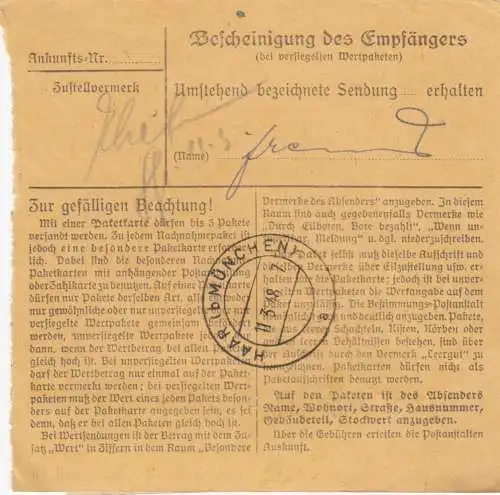 Paketkarte 1948: Dingolfing nach Haar, Selbstbucherkarte mit Wert