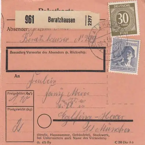 Carte de paquet 1948: Beratzhausen vers Eglfing-Haar