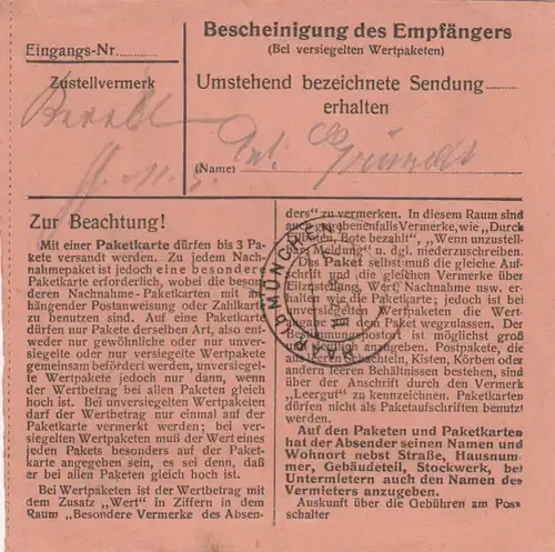 Paketkarte 1948: Beratzhausen nach Eglfing-Haar
