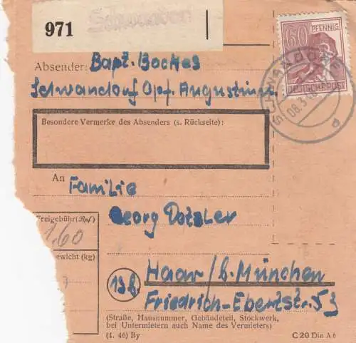 Paketkarte 1948: Schwandorf nach Haar b. München