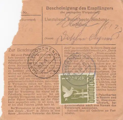 Carte de paquet 1948: Schwandorf vers Haar b. Munich